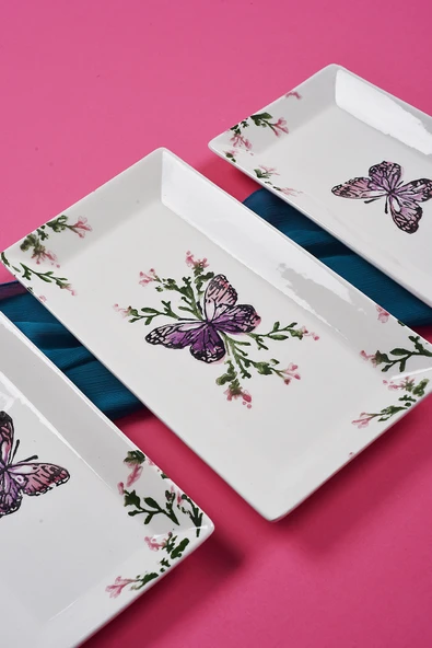 Piatti Naturali 3 parça Kelebek Desen Handmade Seramik Kahvaltı Salata Sunum Çerezlik Seti Kayık Tabak Seti - 2