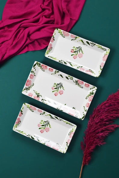 Piatti Naturali 3 parça Bahar Desen Handmade Seramik Kahvaltı Salata Sunum Çerezlik Seti Kayık Tabak Seti