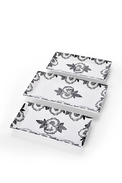 Piatti Naturali 3 parça Black Rose Desen Handmade Seramik Kahvaltı Salata Sunum Çerezlik Seti Kayık Tabak Seti - 3