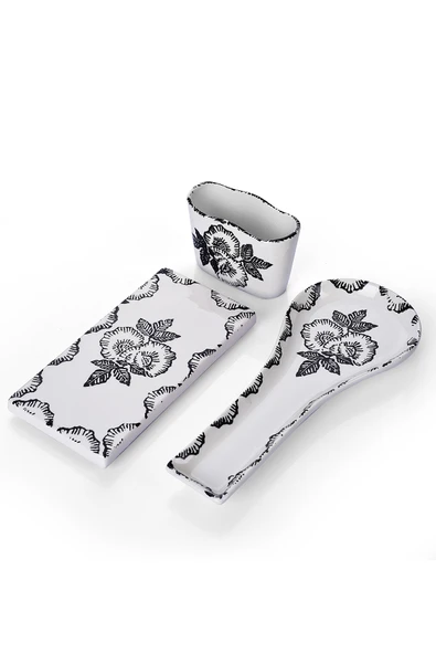 Piatti Naturali 3 parça Mutfak Seti Black Rose Desen Kaşıklık Kaşık Altlığı Süngerlik Yağdanlık - 2