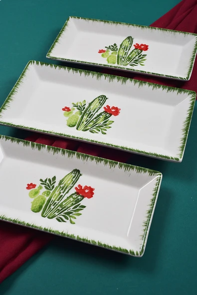 Piatti Naturali 3 parça Kaktüs Desen Handmade Seramik Kahvaltı Salata Sunum Çerezlik Seti Kayık Tabak Seti - 2