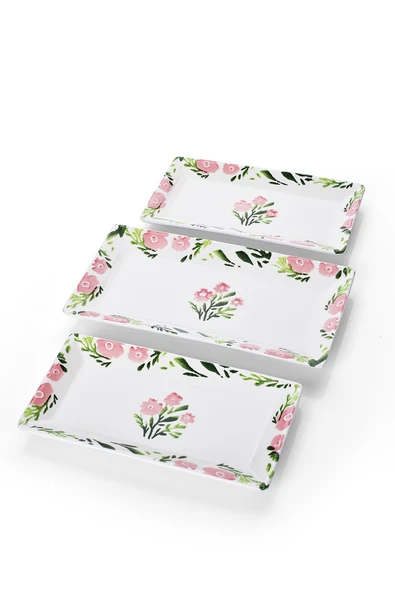 Piatti Naturali 3 parça Bahar Desen Handmade Seramik Kahvaltı Salata Sunum Çerezlik Seti Kayık Tabak Seti - 3