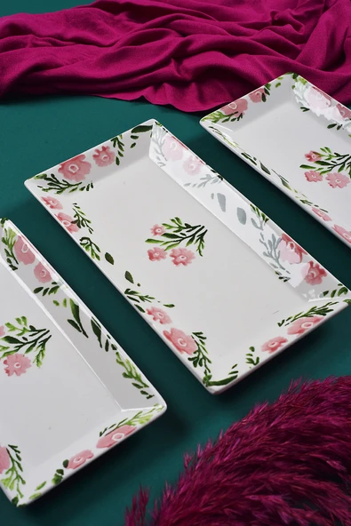 Piatti Naturali 3 parça Bahar Desen Handmade Seramik Kahvaltı Salata Sunum Çerezlik Seti Kayık Tabak Seti - 2