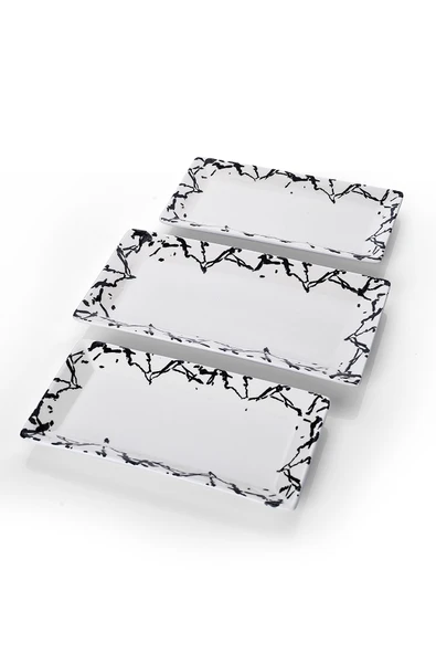Piatti Naturali 3 parça Mermer Desen Handmade Seramik Kahvaltı Salata Sunum Çerezlik Seti Kayık Tabak Seti - 3