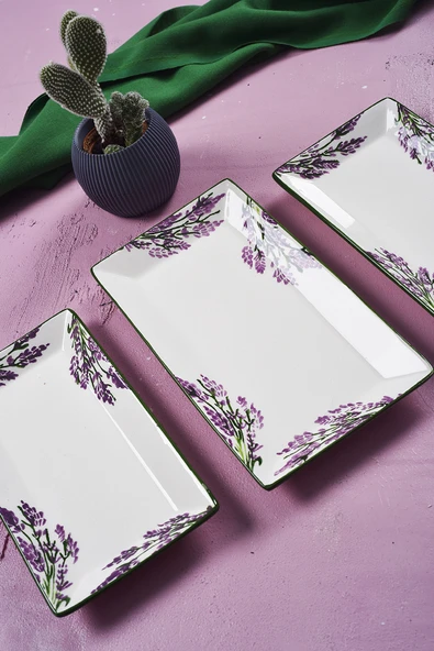 Piatti Naturali 3 parça Lavanta Desen Handmade Seramik Kahvaltı Salata Sunum Çerezlik Seti Kayık Tabak Seti - 2