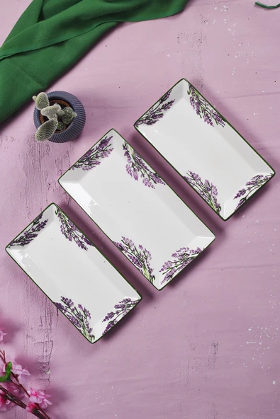 Piatti Naturali 3 parça Lavanta Desen Handmade Seramik Kahvaltı Salata Sunum Çerezlik Seti Kayık Tabak Seti