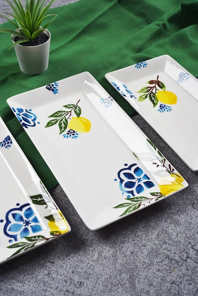 Piatti Naturali 3 parça Limon Desen Handmade Seramik Kahvaltı Salata Sunum Çerezlik Seti Kayık Tabak Seti - 2