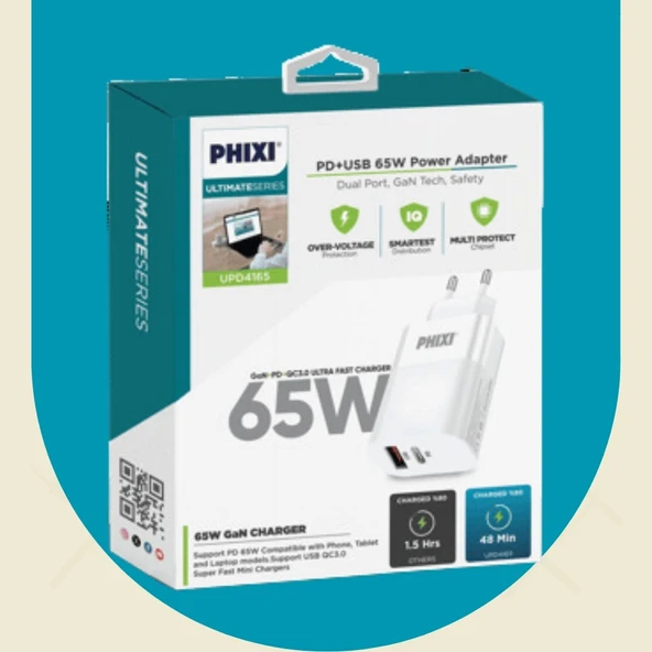 Phixi Ultimate UPD4165 65W GaN Teknolojili PD Çift Çıkışlı 5.0A Hızlı Şarj Adaptörü - 2