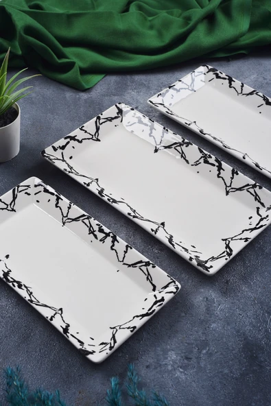 Piatti Naturali 3 parça Mermer Desen Handmade Seramik Kahvaltı Salata Sunum Çerezlik Seti Kayık Tabak Seti - 2