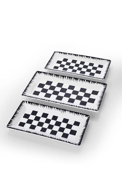 Piatti Naturali 3 parça Dama Desen Handmade Seramik Kahvaltı Salata Sunum Çerezlik Seti Kayık Tabak Seti - 3