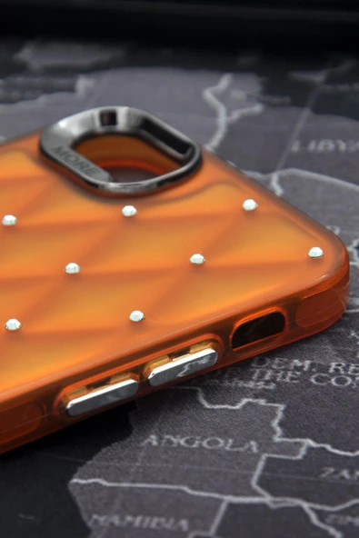 iPhone 7 / 8 Uyumlu Baklava Desenli Pırlanta Taşlı Sert Kapak Kılıf Turuncu - Resim 4