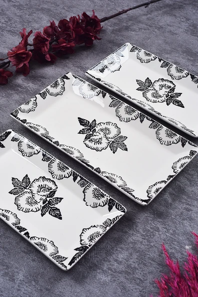 Piatti Naturali 3 parça Black Rose Desen Handmade Seramik Kahvaltı Salata Sunum Çerezlik Seti Kayık Tabak Seti - 2