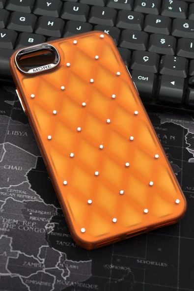 iPhone 7 / 8 Uyumlu Baklava Desenli Pırlanta Taşlı Sert Kapak Kılıf Turuncu ürün görseli