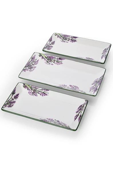 Piatti Naturali 3 parça Lavanta Desen Handmade Seramik Kahvaltı Salata Sunum Çerezlik Seti Kayık Tabak Seti - 3