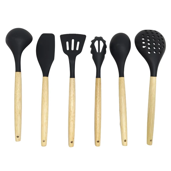 Ivory Doğal Bambu Saplı %100 Silikon Mutfak Seti 6 Parça Siyah - 3