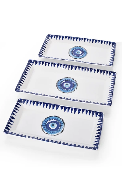 Piatti Naturali 3 parça Nazar Desen Handmade Seramik Kahvaltı Salata Sunum Çerezlik Seti Kayık Tabak Seti - 3