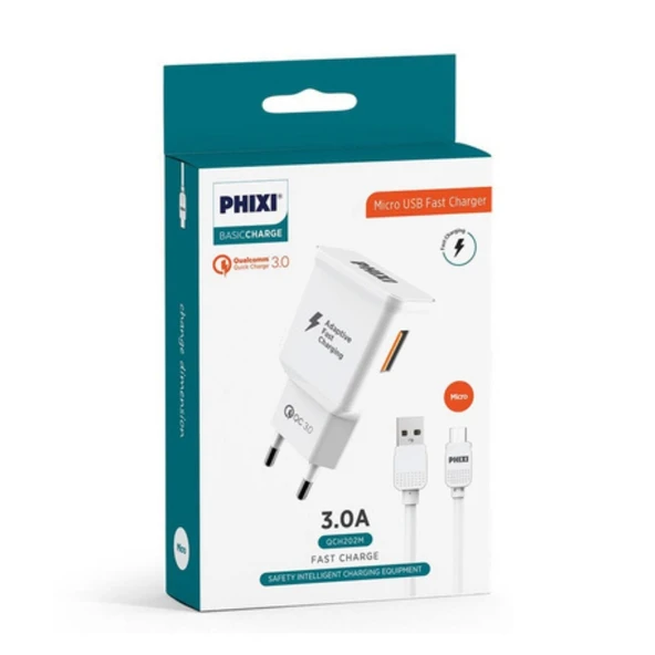 Phixi QCH202M 12V/3A Qualcomm 3.0 Micro USB Kablolu Hızlı Şarj Cihazı