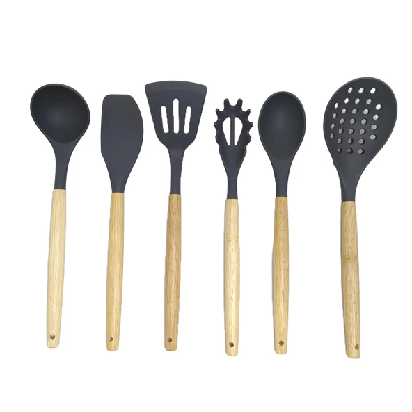 Ivory Doğal Bambu Saplı %100 Silikon Mutfak Seti 6 Parça Gri - 2