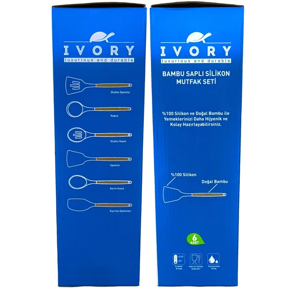 Ivory Doğal Bambu Saplı %100 Silikon Mutfak Seti 6 Parça Gri - 4