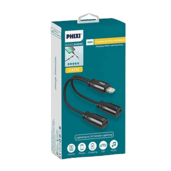 Phixi Basic CA114 Lightning to 2x Lightning Çevirici Kablo - Hasır Örgü, Karışmaz Tasarım, 3.5mm Jack ve Lightning Çıkış - 2