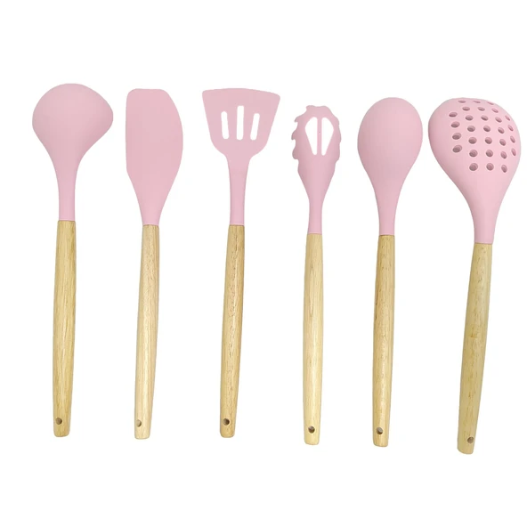 Ivory Doğal Bambu Saplı %100 Silikon Mutfak Seti 6 Parça Pembe - 3