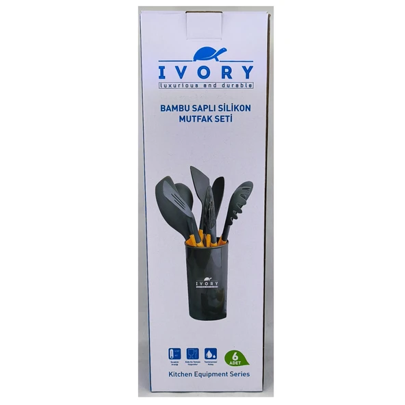 Ivory Doğal Bambu Saplı %100 Silikon Mutfak Seti 6 Parça Gri - 5