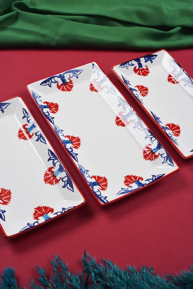 Piatti Naturali 3 parça Çini Desen Handmade Seramik Kahvaltı Salata Sunum Çerezlik Seti Kayık Tabak Seti - 2