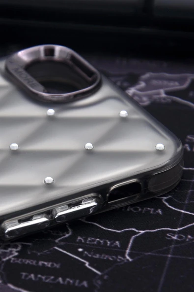 iPhone 7 / 8 Uyumlu Baklava Desenli Pırlanta Taşlı Sert Kapak Kılıf Gri - Resim 4