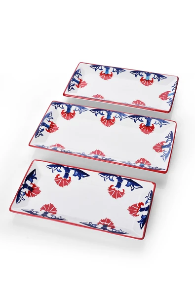 Piatti Naturali 3 parça Çini Desen Handmade Seramik Kahvaltı Salata Sunum Çerezlik Seti Kayık Tabak Seti - 3