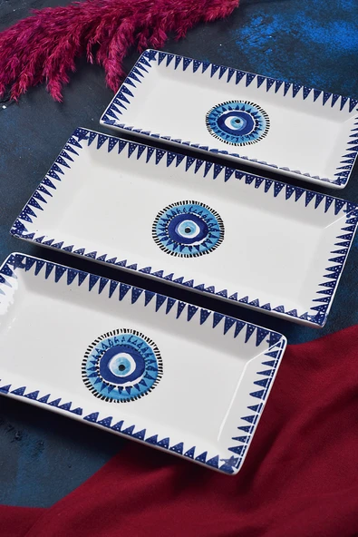 Piatti Naturali 3 parça Nazar Desen Handmade Seramik Kahvaltı Salata Sunum Çerezlik Seti Kayık Tabak Seti - 2