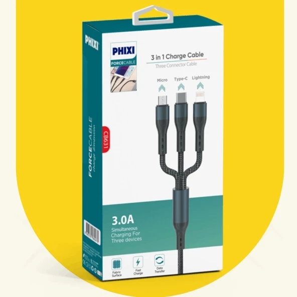 Phixi Force CB631 Örgülü ve Güçlendirilmiş 100 cm Çoklu Şarj ve Data Kablosu - 2.4A Hızlı Şarj - 2