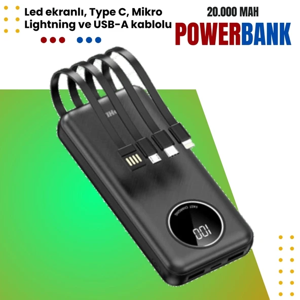 Phixi Force P21 20.000mAh Powerbank - LED Ekranlı, Micro, Lightning, Type-C ve USB-A ile Hızlı Şarj