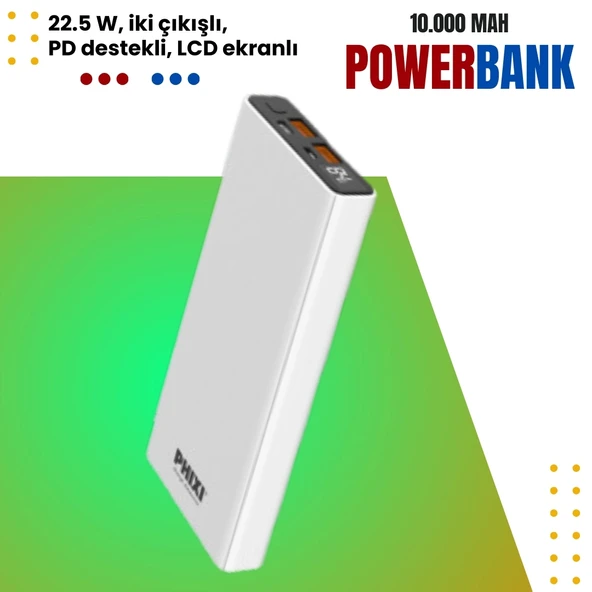 Phixi Force QC2210 22.5W PD Destekli 10.000mAh LCD Ekranlı Powerbank – Hızlı Şarj ve Şık Tasarım