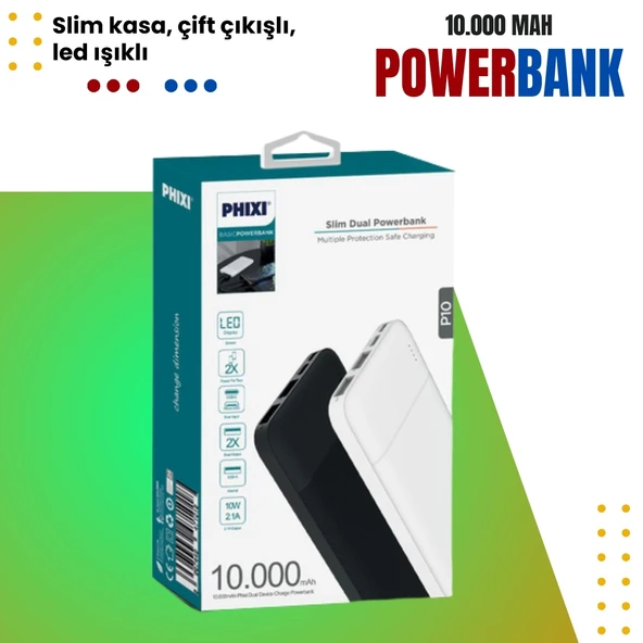 Phixi Basic P10 10.000mAh Slim Powerbank - Çift Çıkışlı, 2.1A Hızlı Şarj, Ergonomik Tasarım