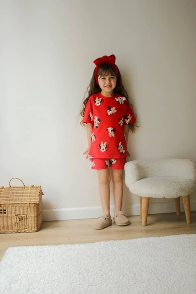 KIZ ÇOCUK KARAKTER MODELLİ BASKILI ŞORTLU PAMUK TAKIM - Resim 5