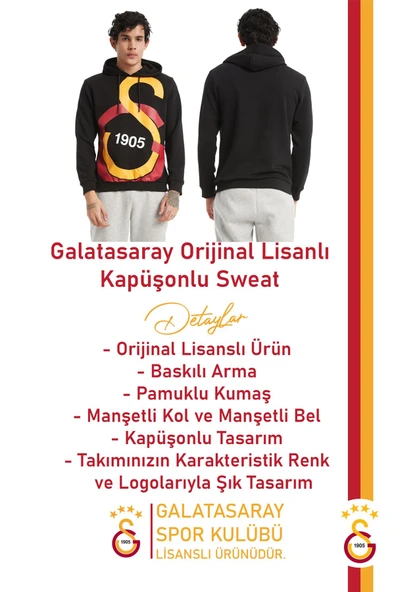 Galatasaray Orijinal Lisanslı Büyük Logo Kapüşonlu Erkek Sweat - 2