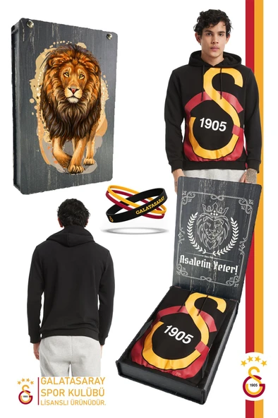 Galatasaray Orijinal Lisanslı Kapüşonlu Logo Erkek Sweat Gs Bileklik Set Ahşap Kutulu ürün görseli 1