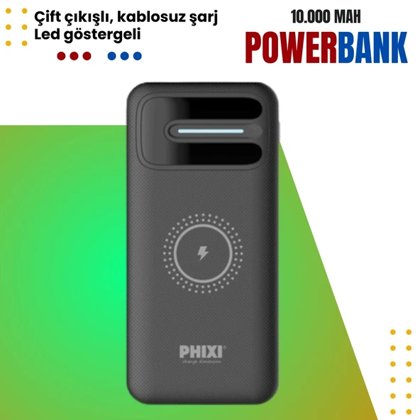 Phixi Basic PW11 10.000mAh Wireless Şarj Çift Çıkışlı LED Göstergeli Powerbank - Micro ve Type-C