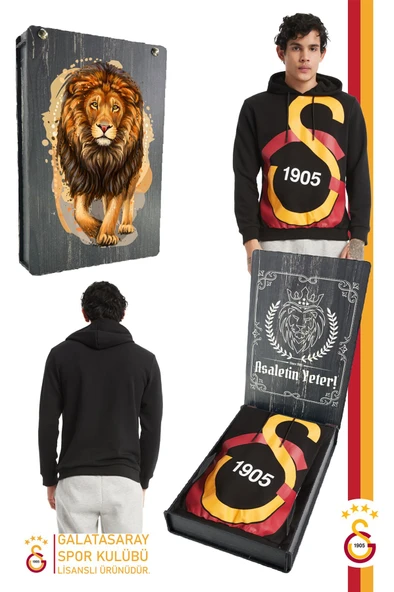 Galatasaray Orijinal Lisanslı Büyük Logo Kapüşonlu Erkek Sweat  Aslan Baskılı Hediyelik Ahşap Kutulu ürün görseli 1