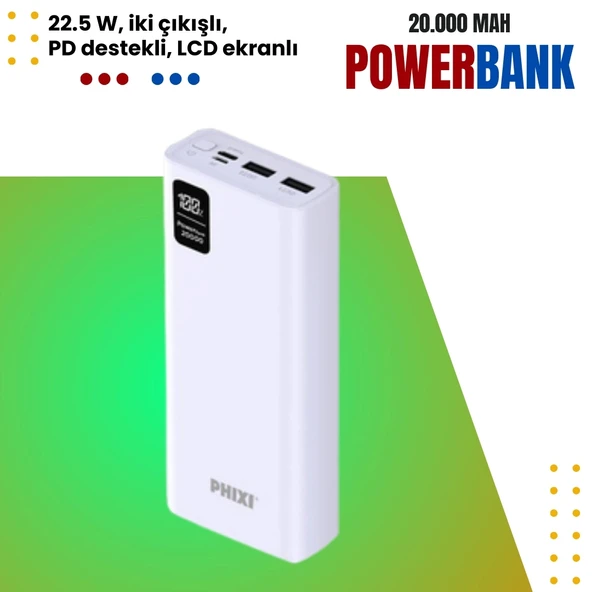 Phixi Force QC2220 20.000mAh LCD Ekranlı 22.5W PD Destekli Taşınabilir Powerbank