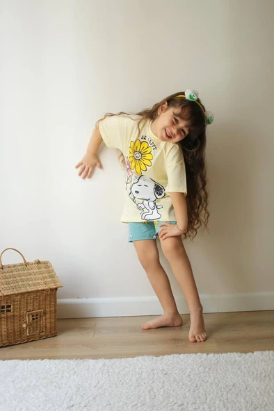 KIZ ÇOCUK SNOOPY MODELLİ BASKILI ŞORTLU PAMUK TAKIM - Resim 2