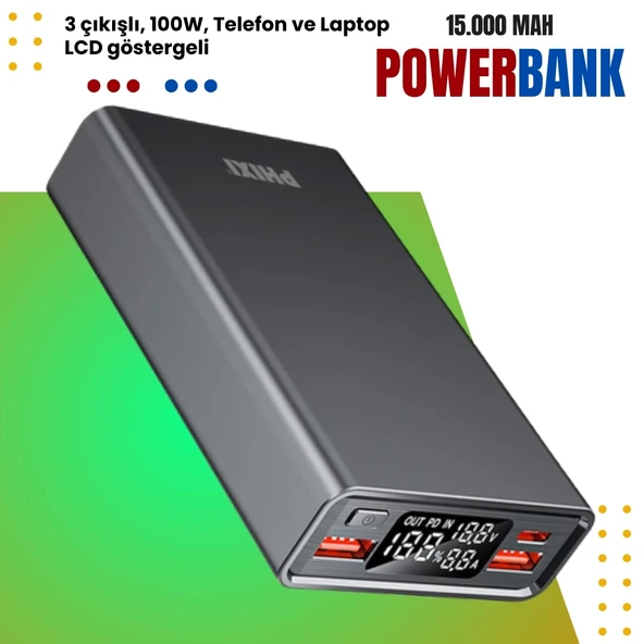 Phixi Ultimate UP65 15.000mAh 100W PD 3 Çıkışlı LCD Göstergeli Powerbank | Laptop ve Telefon İçin