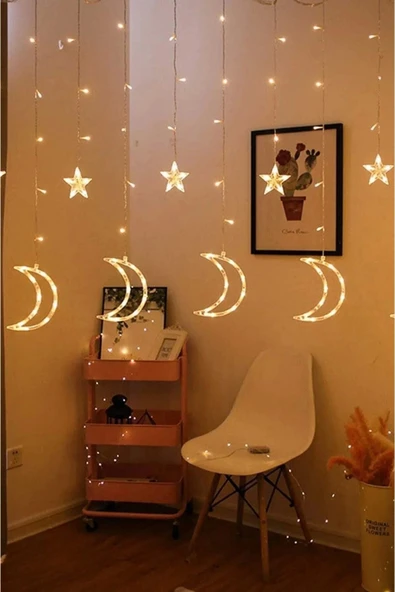 Özel Üretim 8 Fonksiyonlu Fişli Uzatma Kablolu Gün Işığı 6 Saçaklı 12 Adet Ay Yıldız Perde Led 3m - 4