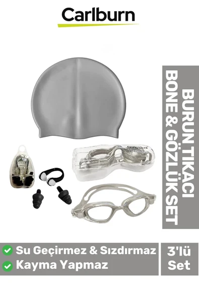 Su Geçirmez Silikon Havuz Deniz Bone Şapkası Yüzücü Gözlüğü Elastik Burun Tıkacı 3’lü Yetişkin Seti