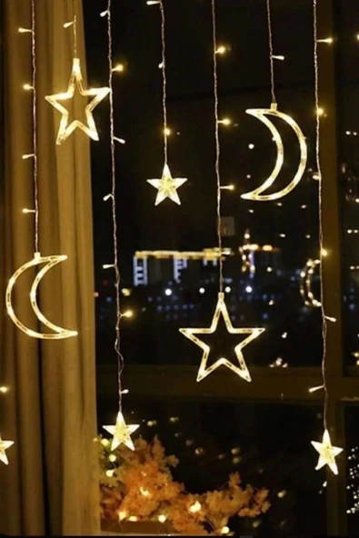 Özel Üretim 8 Fonksiyonlu Fişli Uzatma Kablolu Gün Işığı 6 Saçaklı 12 Adet Ay Yıldız Perde Led 3m - 2