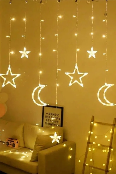 Özel Üretim 8 Fonksiyonlu Fişli Uzatma Kablolu Gün Işığı 6 Saçaklı 12 Adet Ay Yıldız Perde Led 3m - 5