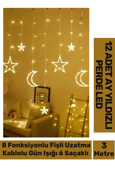 Özel Üretim 8 Fonksiyonlu Fişli Uzatma Kablolu Gün Işığı 6 Saçaklı 12 Adet Ay Yıldız Perde Led 3m