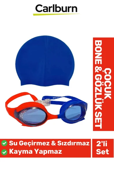 Kaymaz Su Geçirmez Silikon Yüzücü Elastik Yüzme Şapkası Havuz Deniz Bone Gözlük 2’li Çocuk Seti