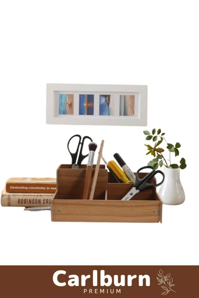 Premium Demonte 4 Gözlü Bölmeli Kırtasiye Kalem Makyaj Malzemesi Ahşap Masaüstü Düzenleyici Kutu - 3