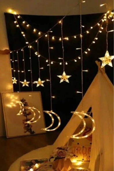 Özel Üretim 8 Fonksiyonlu Fişli Uzatma Kablolu Gün Işığı 6 Saçaklı 12 Adet Ay Yıldız Perde Led 3m - 3